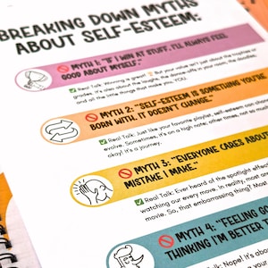 Puede incluir: P&aacute;gina de cuaderno con el t&iacute;tulo "BREAKING DOWN MYTHS ABOUT SELF-ESTEEM". Se enumeran cuatro mitos con secciones de "Real Talk". Los mitos se destacan con barras de colores e ilustraciones.