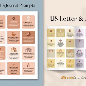 May include: A journal with 60 IFS journal prompts, with the text "US Letter & A4". The journal prompts are in a grid format with a neutral color palette. The prompts are designed to encourage self-reflection and exploration.