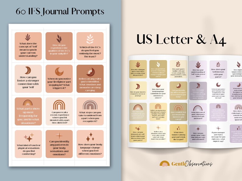 May include: A journal with 60 IFS journal prompts, with the text "US Letter & A4". The journal prompts are in a grid format with a neutral color palette. The prompts are designed to encourage self-reflection and exploration.