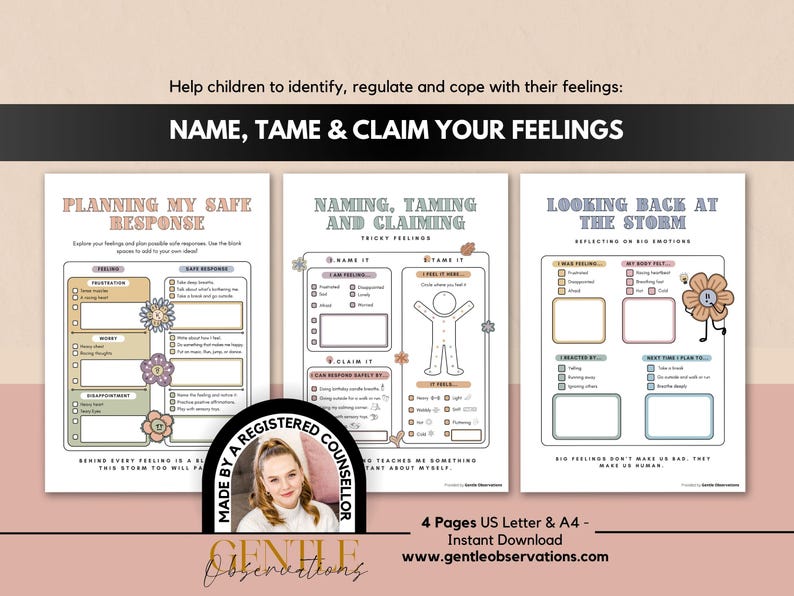 Name, Tame, Claim Feelings: Emotional Regulation & Coping Skill Worksheets for Kids, Frustration Tolerance, Somatic Therapy, Self-Awareness image 1