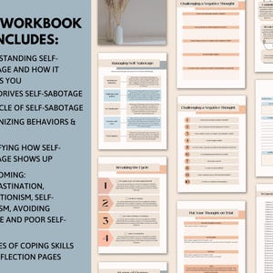 Cuaderno de ejercicios de autosabotaje, hojas de trabajo de crítica interna para adultos, terapia de diario de amor propio, regulación emocional, ayuda profesional para el establecimiento de objetivos. imagen 3
