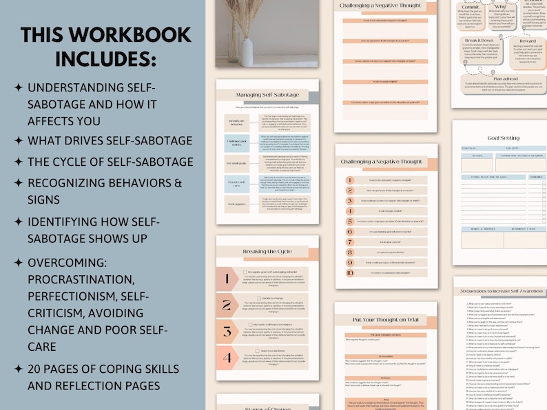 Cuaderno de ejercicios de autosabotaje, hojas de trabajo de crítica interna para adultos, terapia de diario de amor propio, regulación emocional, ayuda profesional para el establecimiento de objetivos. imagen 3