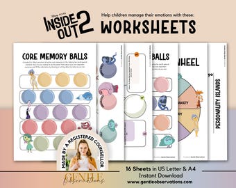 Inside Out 2 Emotional Regulation Worksheet Bundle for School Counseling, Social Emotional Learning, Daily Check-in, Kids Therapy Worksheets