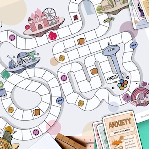 May include: A colorful board game with a whimsical design, featuring a path with illustrations of a castle, ferris wheel, and a spaceship. The game includes cards with the word "ANXIETY" and the text "WHAT IF CARDS".