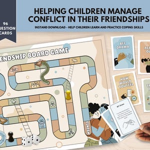 Juego de mesa de habilidades sociales y amistad para niños, aprendizaje socioemocional, comunicación asertiva, resolución de conflictos, terapia de grupo y relaciones saludables. imagen 3