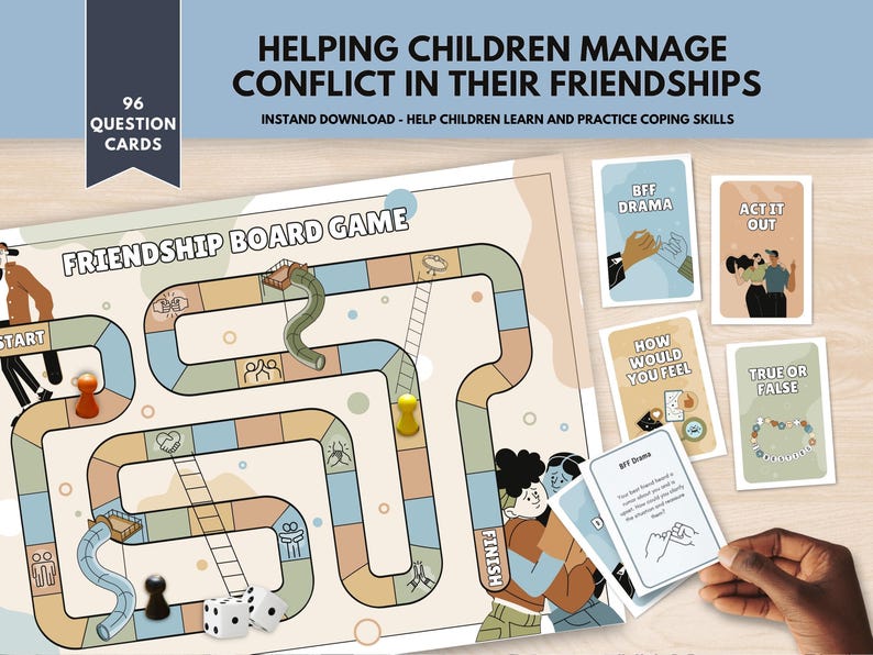 Juego de mesa de habilidades sociales y amistad para niños, aprendizaje socioemocional, comunicación asertiva, resolución de conflictos, terapia de grupo y relaciones saludables. imagen 3