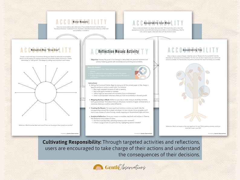 Op de afbeelding: Een set van vier printbare werkbladen voor zelfreflectie en verantwoordelijkheid. De werkbladen bevatten een verscheidenheid aan activiteiten, waaronder een motivatiekaart, een reflectiemoza&iuml;ek, een verantwoordelijkheidskleurenwiel en een verantwoordelijkheidboom. De werkbladen zijn ontworpen om gebruikers te helpen verantwoordelijkheid te ontwikkelen door hun acties te controleren en de gevolgen van hun beslissingen te begrijpen.