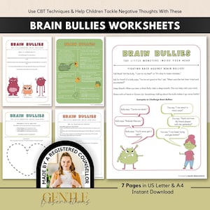 Könnte beinhalten: Ein Set von Brain Bullies Arbeitsblättern mit KVT-Techniken für Kinder. Die Seiten enthalten Text, Monsterillustrationen, Sprechblasen und ein Herz-Umriss. Ein kreisförmiges Abzeichen besagt Made by a Registered Counsellor. Der Text umfasst Brain Bullies, The Little Monsters Inside Your Head und Fighting Back Against Brain Bullies.