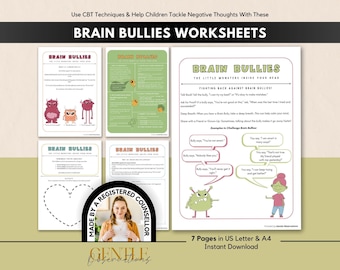 Op de afbeelding: Een set Brain Bullies werkbladen met CGT-technieken voor kinderen. De pagina's bevatten tekst, illustraties van monsters, tekstballonnen en een hartomtrek. Een ronde badge vermeldt Made by a Registered Counsellor. De tekst bevat Brain Bullies, The Little Monsters Inside Your Head en Fighting Back Against Brain Bullies.