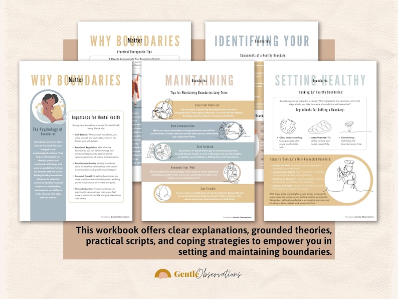 May include: A workbook with four pages on setting and maintaining healthy boundaries. The pages are illustrated with hand-drawn images and feature the text "Why Boundaries Matter", "Identifying Your Boundaries", "Maintaining Boundaries", and "Setting Healthy Boundaries".