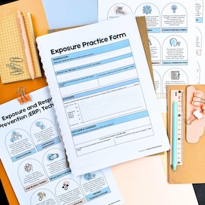 May include: An overhead shot of several sheets of paper, including an "Exposure Practice Form" and a document titled "Exposure and Response Prevention (ERP) Techniques." The papers are accompanied by a pen, pencil, paper clips, and a small notebook. The color palette includes white, blue, orange, and beige.