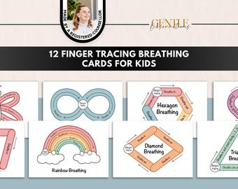 May include: A set of 12 finger tracing breathing cards for kids featuring various shapes like butterflies, rainbows, hexagons, and diamonds. Each card includes instructional text such as 'Begin Here', 'Breathe in', and 'Breathe out' to guide children through calming exercises.