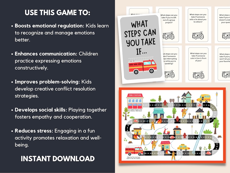 May include: A printable board game for kids featuring a fire truck theme. The game board includes a fire station, houses, and a fire truck. The game cards ask questions about taking steps to resolve conflict. The text on the game board reads "Fire Station".