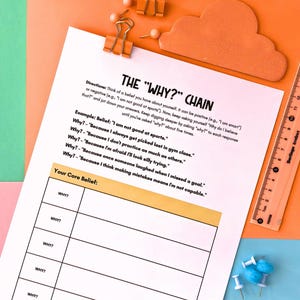 Puede incluir: Una hoja de trabajo titulada "The Why Chain" con instrucciones y ejemplos, sujeta con clips naranjas. La hoja de trabajo est&aacute; sobre un fondo colorido con un recorte de madera en forma de nube, chinchetas y una regla. La hoja es para la autorreflexi&oacute;n.