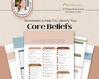 Common Core Beliefs Worksheets for Therapists, Cognitive Behavioral Therapy CBT Tool Maladaptive Beliefs and Automatic Thoughts Cheat Sheets