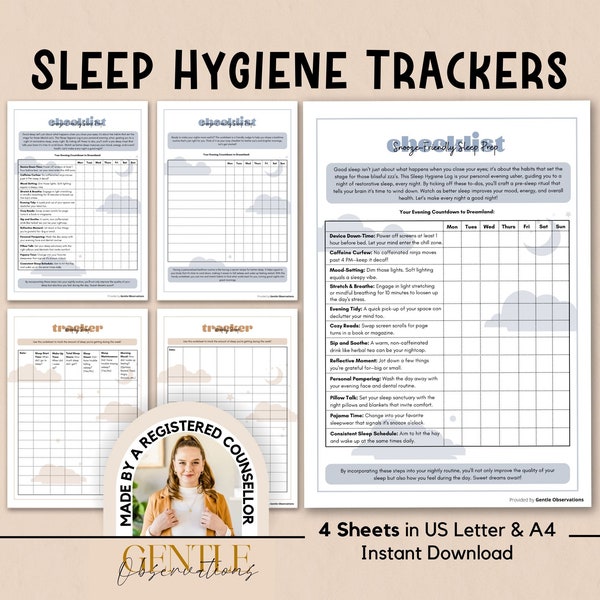 Sleep Hygiene Trackers for Better Sleep, Sleep Hygiene Journals, Improving Your Sleep Cycle, Self-Care Insomnia Worksheets, Therapy Sheets