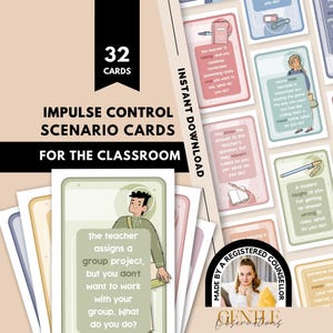 May include: A set of 32 impulse control scenario cards for the classroom, featuring pastel-colored borders and illustrations of students. The cards include text prompts about social situations and classroom behaviors, with a digital download label.
