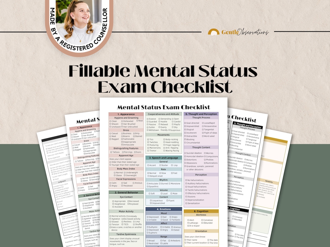 Mental Status Exam, MSE Cheat Sheet, Fillable Therapy Forms, Intake