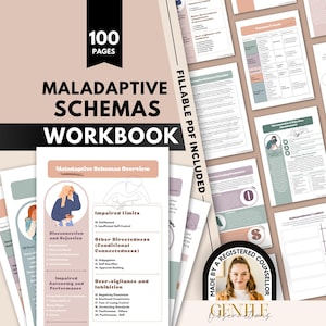Może przedstawiać: 100-stronicowy zeszyt ćwiczeń dotyczący nieadaptacyjnych schematów, zawierający strony PDF do wypełnienia, ilustracje w delikatnych odcieniach, nagłówki i ustrukturyzowane sekcje. Okrągła odznaka zawiera napis Made by a Registered Counsellor.