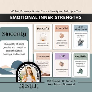May include: A set of 100 Post-Traumatic Growth Cards titled EMOTIONAL INNER STRENGTHS. The cards feature words like Sincerity, Peaceful, Powerful, Open mindedness, Perseverance, Fair, and Idealistic with definitions and line art illustrations in muted tones.