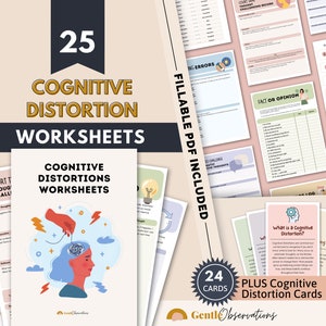 Cognitive Distortion Worksheets, Thinking Errors Flashcards, Unhelpful Thinking Patterns Workbook, CBT Worksheets, CBT Therapy, Anxiety Tool
