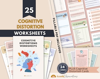 Cognitive Distortion Worksheets, Thinking Errors Flashcards, Unhelpful Thinking Patterns Workbook, CBT Worksheets, CBT Therapy, Anxiety Tool