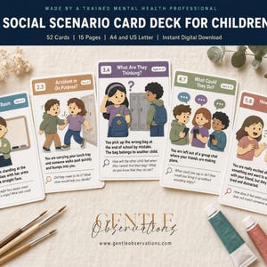 May include: A social scenario card deck for children featuring five illustrated cards with text prompts. Each card displays a numbered situation, a colorful cartoon illustration of children, and questions to encourage emotional and social learning.