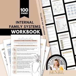 Könnte beinhalten: Ein 100-seitiges Arbeitsbuch für interne Familiensysteme mit ausfüllbaren PDF-Seiten, therapeutischer Theorie, Diagrammen und Übungen. Das Cover zeigt den Titel in schwarzer Schrift auf beigem Hintergrund und ein kreisförmiges Abzeichen.