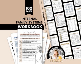 May include: A 100-page Internal Family Systems workbook featuring fillable PDF pages with therapeutic theory, diagrams, and prompts. The cover displays the title in bold black text on a beige background, with a circular badge stating Made by a Registered Counsellor.