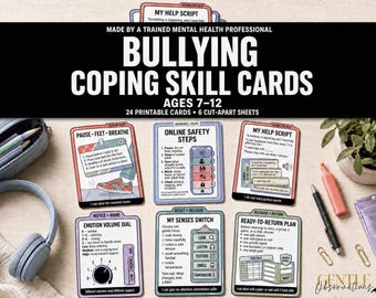 Bullying Coping Skill Cards for Kids Ages 7-12, 24 Printable Cards, School Counselor SEL Tool, Calm Down and Help Seeking Scripts