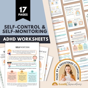 May include: A 17-page set of self-control and self-monitoring ADHD worksheets featuring colorful illustrations, text prompts, and reflection exercises. The pages include titles like Self-Monitoring, Coping Skills, and Student Self-Reflection.