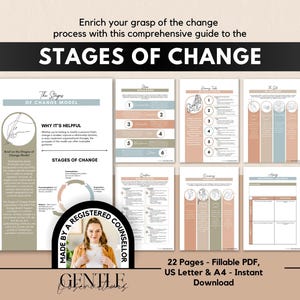 May include: A digital guide titled STAGES OF CHANGE featuring 22 pages of fillable PDF worksheets in US Letter and A4 sizes. The document includes text, diagrams, and illustrations in muted tones of beige, blue, and pink, with a circular badge.