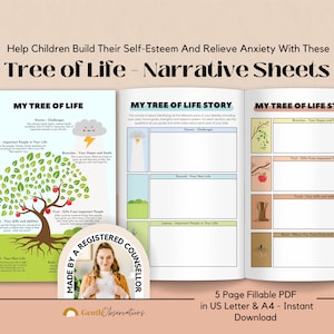 Narrative Therapy Tree of Life Trauma Sheets PTSD, School Counselor, Psychology Worksheets, Play Therapy, SEL Growth Mindset, Anxiety Relief