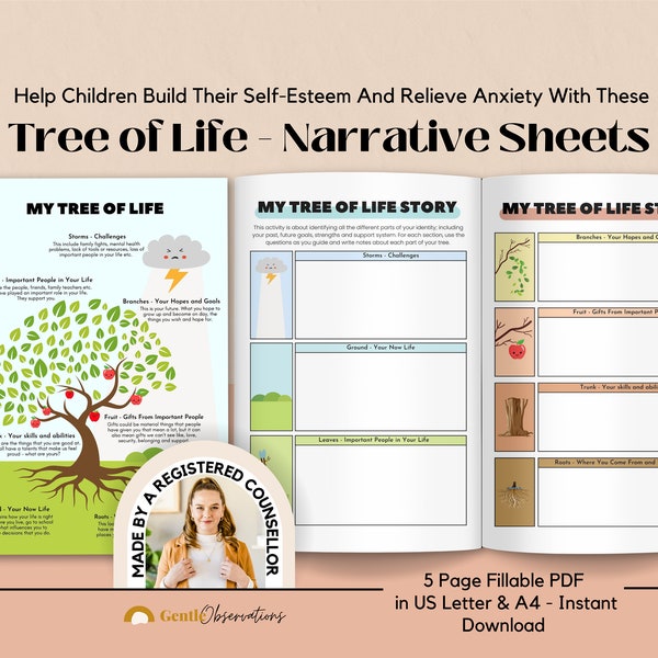 Narrative Therapy Tree of Life Trauma Sheets PTSD, School Counselor, Psychology Worksheets, Play Therapy, SEL Growth Mindset, Anxiety Relief