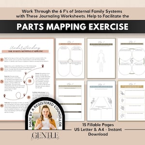 Könnte beinhalten: Ein Set aus 15 ausfüllbaren Journaling-Arbeitsblättern für die Parts Mapping Exercise, mit dem Text Work Through the 6 F's of Internal Family Systems und Parts Mapping Exercise. Enthält ein kreisförmiges Abzeichen mit einer Person und dem Text Made by a Registered Counsellor.