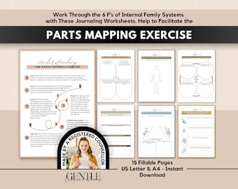 May include: A set of 15 fillable journaling worksheets for the Parts Mapping Exercise, featuring the text Work Through the 6 F's of Internal Family Systems and Parts Mapping Exercise. Includes a circular badge with a person and the text Made by a Registered Counsellor.