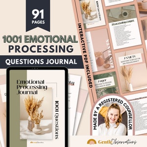 May include: A digital product cover featuring a tablet displaying a journal with the title "Emotional Processing Journal" and the text "1001 Questions". The cover also includes the text "91 Pages", "1001 Emotional Processing Questions Journal", and "Interactive PDF Included". The cover is designed with a light pink and beige colour scheme and features a photo of dried grass in a vase.