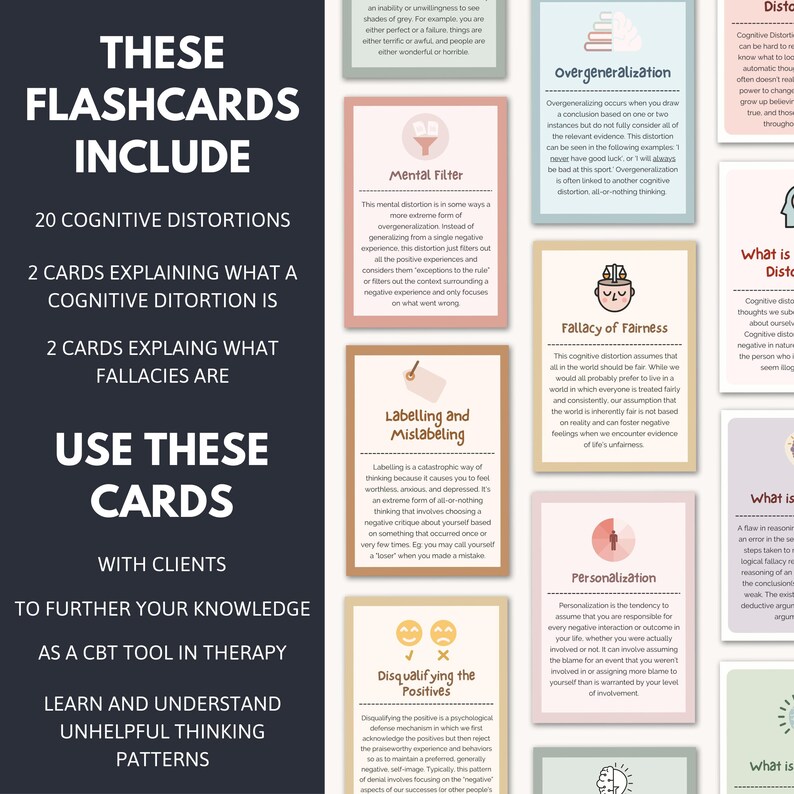Cognitive Distortion Flashcards, CBT Therapy Tool (digital Download ...