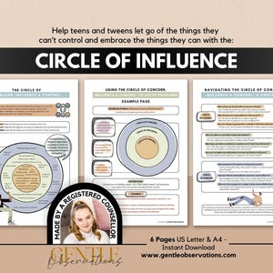 May include: Three educational worksheets titled Circle of Influence, designed for teens and tweens. The pages feature diagrams, checklists, and text explaining how to manage concerns, influence, and control. Includes a small circular portrait badge.