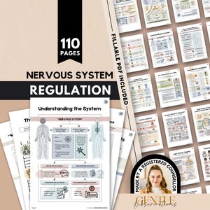 May include: A 110-page digital workbook titled Nervous System Regulation, featuring fillable PDF pages with educational diagrams, charts, and illustrations about the human nervous system, created by a registered counsellor for mental health support.