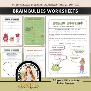 Brain Bullies CBT Worksheets For Kids, Automatic Negative Thoughts, Challenging Cognitive Distortions School Counseling Therapy Worksheets