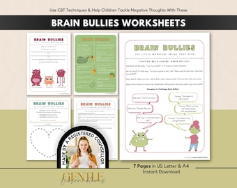 Brain Bullies CBT Worksheets For Kids, Automatic Negative Thoughts, Challenging Cognitive Distortions School Counseling Therapy Worksheets