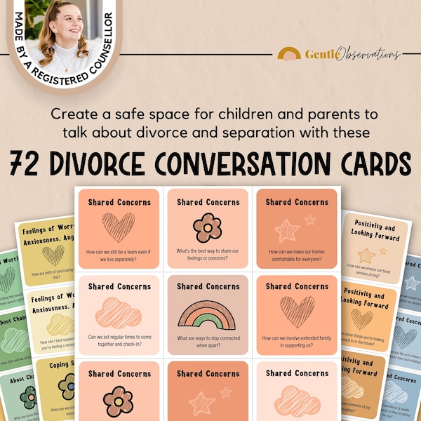 Divorce Conversation Cards for Kids and Parents, Emotional Regulation Separation Discussion Cards, Solution Focused Question Cards