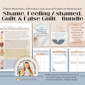 罪悪感と恥のミニバンドル、恥のワークシート、恥と罪悪感の日記の書き出し、感情管理、感情のコントロール、恥に対する肯定的な言葉