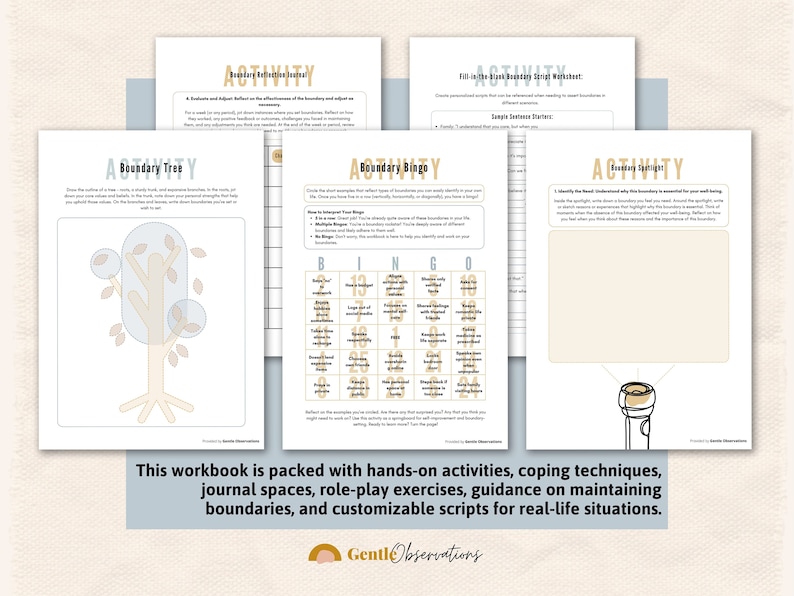 May include: A workbook with activities, coping techniques, and journal spaces to help maintain boundaries. The cover features a light brown background with a light blue tree and a light brown flashlight. The text "Boundary Tree", "Boundary Bingo", and "Boundary Spotlight" are visible on the pages.