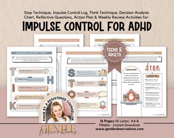Impulse Control Worksheets for ADHD Teens & Adults: Executive Functioning Worksheets, ADHD Therapy Worksheets, Emotional Regulation Sheets