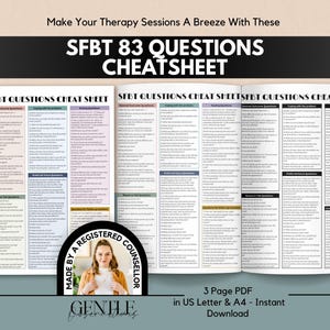 Puede incluir: Un documento de tres páginas SFBT 83 Questions Cheatsheet que presenta listas de preguntas terapéuticas categorizadas por tema. Las páginas incluyen encabezados de texto y una insignia circular con una persona y el texto Made By A Registered Counsellor.