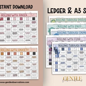 May include: Digital printable charts for emotional regulation, featuring the phrases "Rolling with Anger," "Rolling with Anxiety," "Rolling Through Disgust," "Rolling with Envy," "Rolling Through Sadness," "Rolling with Fear," and "Rolling Through Boredom." The charts are Ledger and A3 size.