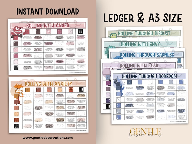 May include: Digital printable charts for emotional regulation, featuring the phrases "Rolling with Anger," "Rolling with Anxiety," "Rolling Through Disgust," "Rolling with Envy," "Rolling Through Sadness," "Rolling with Fear," and "Rolling Through Boredom." The charts are Ledger and A3 size.