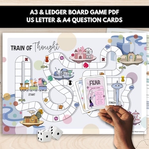 May include: A board game titled "Train of Thought" with a colorful illustrated game board, dice, and question cards. The game board features a path with various illustrations, including a train, castle, and Ferris wheel. The text "A3 & Ledger Board Game PDF" is at the top.
